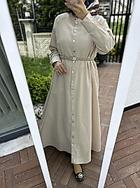 Keten Gömlek elbise krem