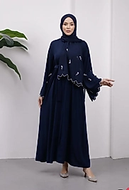 Nakış Şallı Ferace Takım Lacivert